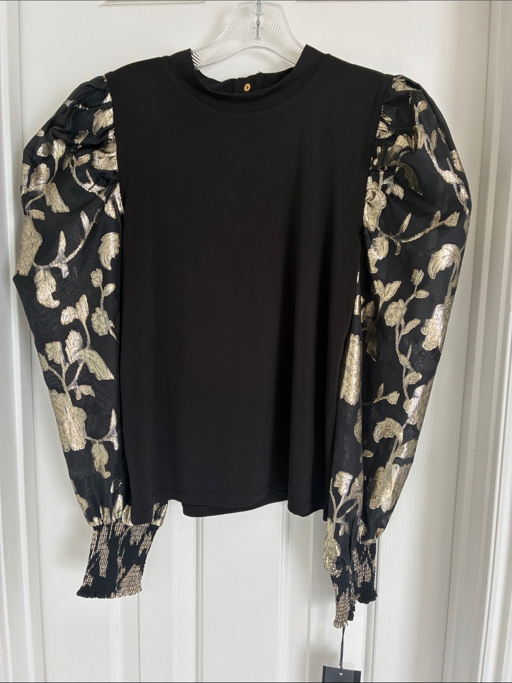 Nicole Miller Black Top with Metallic Gold Floral Puff Sleeves